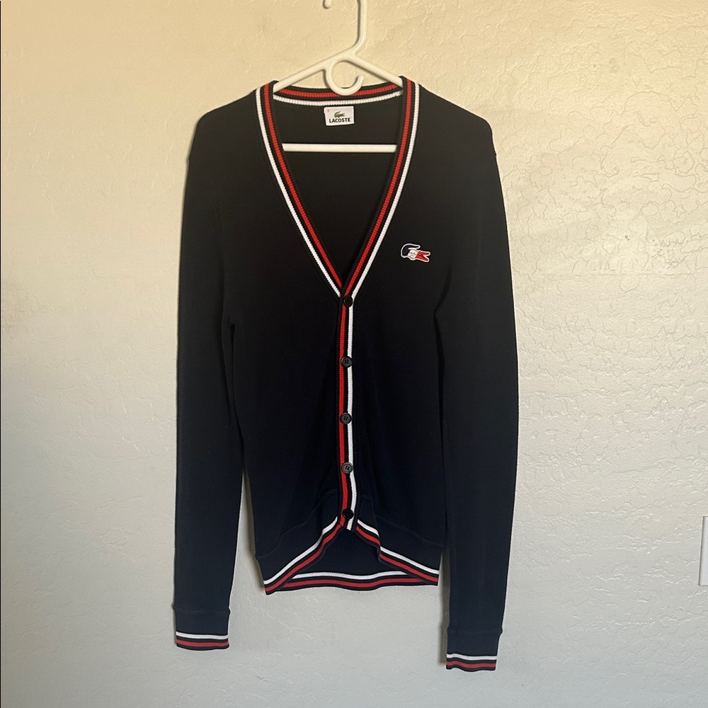 Lacoste Navy Cardigan with Red and White Accents